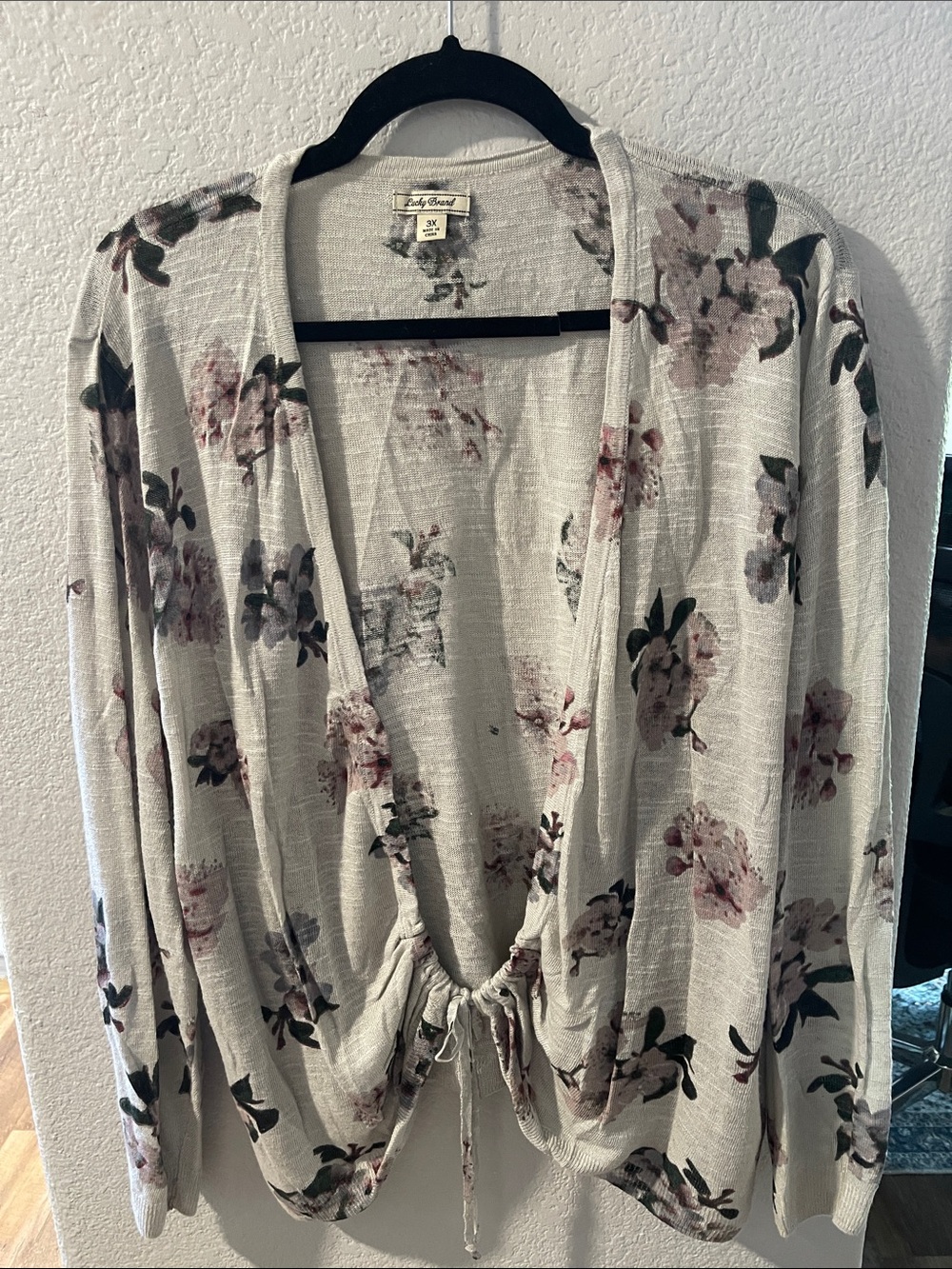 Lucky Brand Gray Cardigan with Olive and Dusty Rose Accents 3X